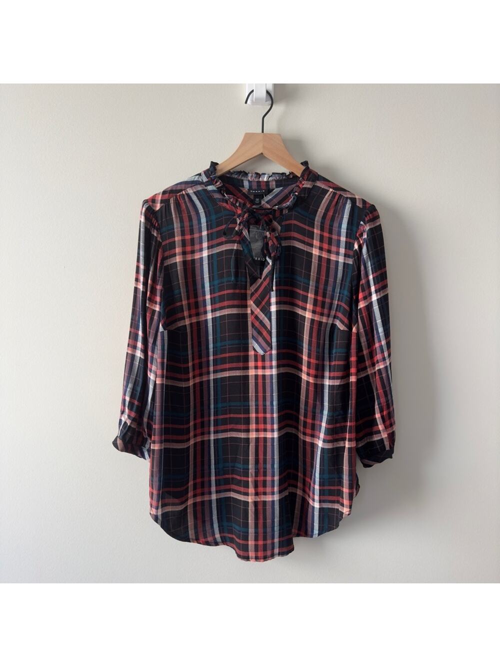 Torrid Plaid ruffle neck top keyhole tie 3/4 sleeve fall Autumn casual holiday